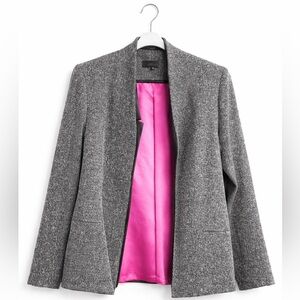 STAPLES Blazer WMN XS Gray Herringbone Jacket Pink Satin Front Open USA Made